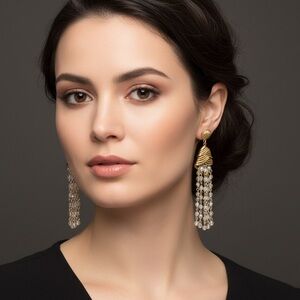 Art Deco Style Gold Clasp Clam Shell Beaded Cascade Earrings
